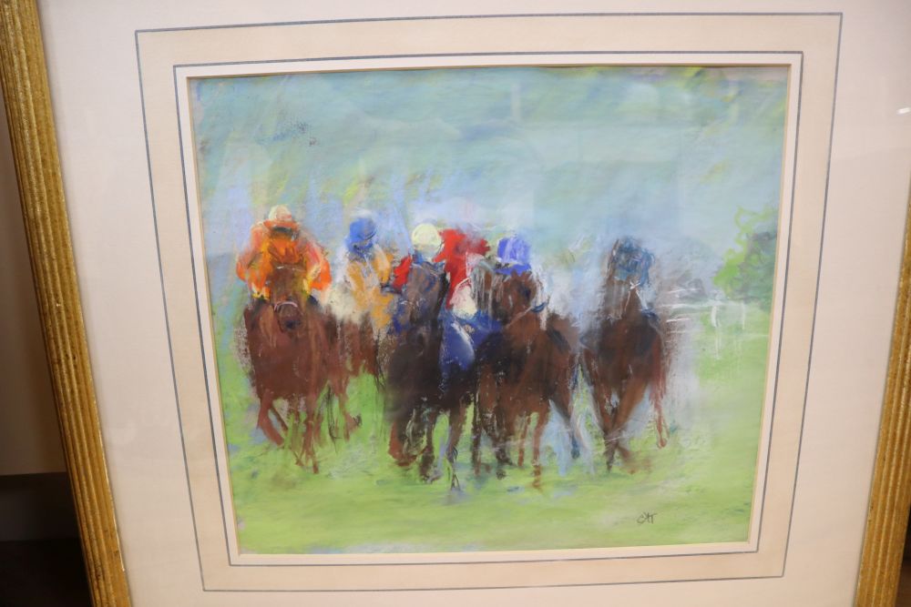 Constance Halford Thompson, pastel, Horse racing scene, 31 x 35cm and a signed colour print of horses in a meadow